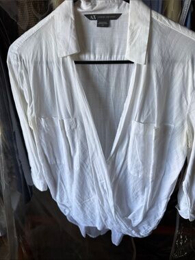 Armani Exchange Semi-Sheer White Draped Button-Front Top